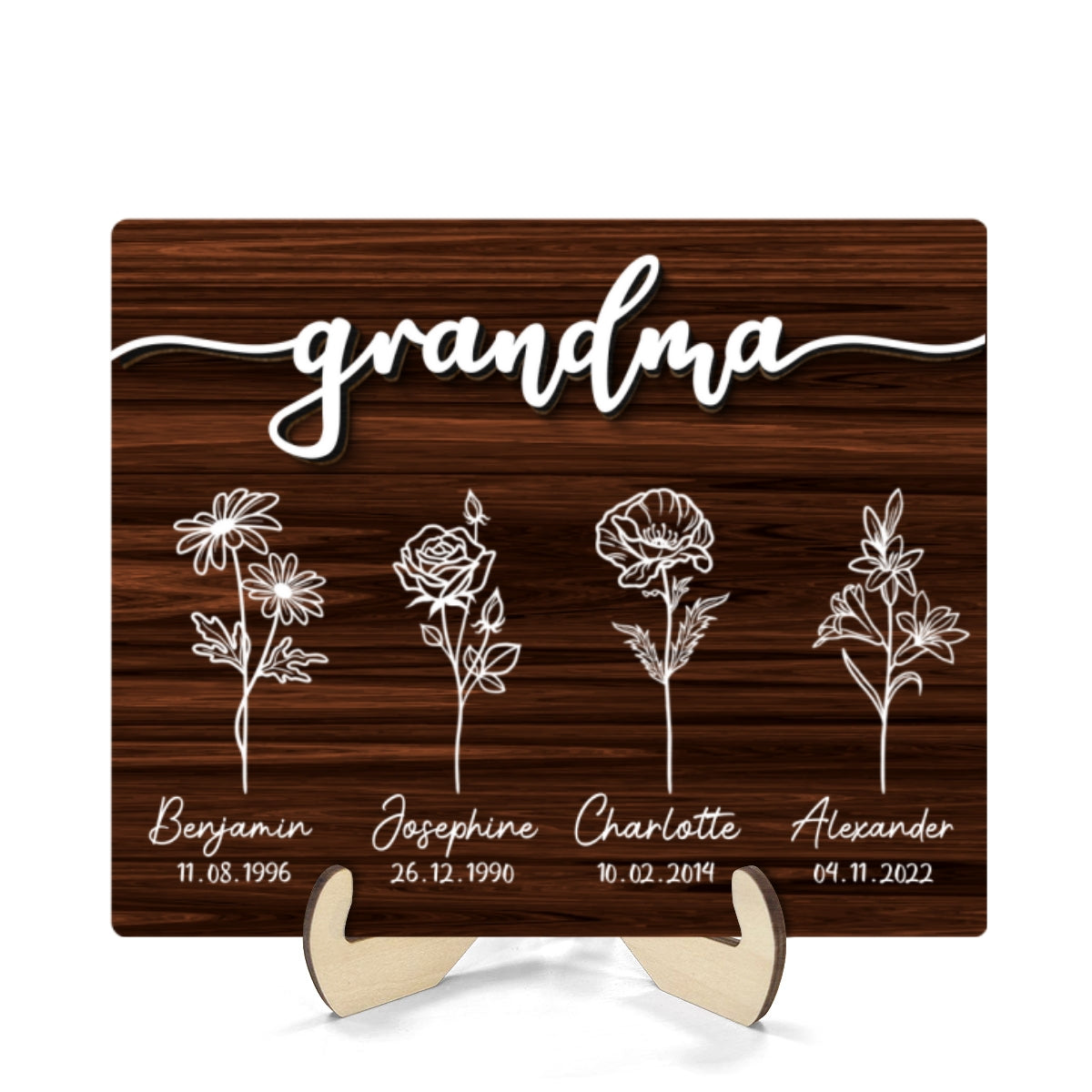 Grandma Grandkids Flowers Personalized 2-Layer Wooden Plaque