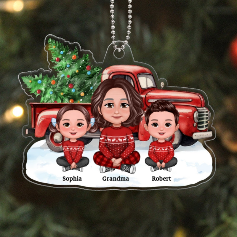 Grandma Grandkids Crossed Legs Sitting Front Christmas Car Personalized Acrylic Ornament